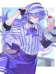  1boy alternate_costume apron black_choker black_gloves black_pants blue_eyes blue_streaks border cherry choker commentary_request cupcake elbow_pads fingerless_gloves food fruit gloves hair_between_eyes hands_up highres holding holding_tray hoshirube_sho long_hair looking_at_viewer male_focus milkshake multicolored_hair multicolored_shirt neckerchief nijisanji outside_border pants purple_apron purple_hair purple_neckerchief purple_shirt shirt short_sleeves smile solo sprinkles streaked_hair striped_clothes striped_shirt teeth tray virtual_youtuber visor_cap waist_apron white_border white_shirt yuumii_0120 