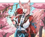  1boy :d ^_^ alcherinne animal_ear_fluff animal_ears artist_name belt black_belt black_gloves blue_pants cherry_blossoms closed_eyes commission cowboy_shot english_commentary fangs fox_boy fox_ears fox_tail gloves hand_fan holding holding_fan honkai:_star_rail honkai_(series) jacket jiaoqiu_(honkai:_star_rail) male_focus mandarin_collar medium_hair open_mouth pants pink_hair pink_tail red_jacket shirt single_glove smile solo tail teeth upper_teeth_only white_shirt 