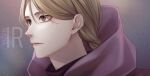  1girl artist_logo braid braided_ponytail brown_eyes brown_hair capelet chi.:_chikyuu_no_undou_ni_tsuite closed_mouth eyelashes hood hood_down iorbtyn jolenta logo nose pink_capelet ponytail sky solo star_(sky) starry_sky 