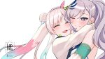  2girls airani_iofifteen artist_logo artist_name blue_eyes blue_hair blush braid bright_pupils closed_eyes closed_mouth gradient_hair grey_hair hair_bun hair_ribbon hashtag-only_commentary highres hololive hololive_indonesia hug landacdeus logo long_sleeves multicolored_hair multiple_girls one_eye_closed open_mouth paint_splatter paint_splatter_on_face pavolia_reine pink_hair pink_ribbon polka_dot polka_dot_ribbon ponytail ribbon upper_body white_pupils 