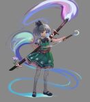  1girl :/ absurdres aqua_eyes bangs belt black_bow black_hairband black_neckwear bow bowtie eyebrows_visible_through_hair full_body green_skirt green_vest grey_background hair_ribbon hairband highres hitodama hitodama_print holding holding_sword holding_weapon hwangjinten katana konpaku_youmu konpaku_youmu_(ghost) over-kneehighs parted_lips petticoat puffy_short_sleeves puffy_sleeves ribbon short_hair short_sleeves silver_hair skirt solo sword thighhighs touhou vest weapon white_legwear 