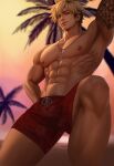  1boy abs arm_behind_head arm_tattoo armpits bara beard_stubble black_hair blonde_hair blue_eyes bracelet commentary drawstring dusk earrings english_commentary facial_hair fish_hook floral_print flower flower_tattoo gonzojelly gradient_sky hawaiian_clothes hibiscus hibiscus_print highres indie_virtual_youtuber jewelry knee_up konatide large_pectorals looking_at_viewer male_focus male_pubic_hair multicolored_hair multicolored_sky muscular muscular_male navel necklace nipples orange_sky palm_tree pectoral_cleavage pectorals pubic_hair pubic_hair_peek red_shorts rope_bracelet seaside short_hair shorts sky solo stubble stud_earrings sunset tattoo thick_thighs thighs topless_male tree two-tone_hair virtual_youtuber yellow_sky 