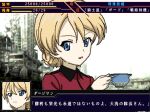  1girl bangs blonde_hair blue_eyes braid closed_mouth commentary cup darjeeling_(girls_und_panzer) fake_screenshot frise girls_und_panzer holding holding_cup jacket long_sleeves looking_at_viewer military military_uniform open_mouth pixel_art red_jacket short_hair smile solo srw_battle_screen st._gloriana&#039;s_military_uniform super_robot_wars teacup tied_hair translated twin_braids uniform 