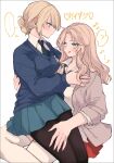  2girls amane_(7783) black_necktie black_pantyhose black_thighhighs blonde_hair blue_eyes blue_necktie blue_skirt blue_sweater blush braid breasts closed_mouth darjeeling_(girls_und_panzer) dress_shirt girls_und_panzer grey_jacket hair_intakes hair_pulled_back highres jacket kay_(girls_und_panzer) large_breasts long_hair long_sleeves looking_at_another multiple_girls musical_note nape_braid necktie pantyhose pleated_skirt red_skirt saunders_school_uniform school_uniform shirt short_hair sitting sitting_on_person skirt smile socks st._gloriana's_school_uniform sweater thighhighs tongue tongue_out v-neck white_shirt white_socks wing_collar yuri zettai_ryouiki 