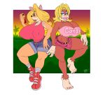 4_fingers 4_toes 5_fingers activision anthro bandicoot bedroom_eyes big_breasts big_butt bottomwear breast_size_difference breasts butt candy_kong cellphone cleavage clothed clothing colored colored_fingernails colored_nails colored_toenails crash_bandicoot_(series) cricket-inc crossover donkey_kong_(series) duo electronics feet female fingernails fingers footwear forest hair hair_over_eye hi_res hotpants huge_breasts jungle jungle_background kong lips lipstick looking_at_viewer makeup mammal marsupial nails narrowed_eyes nintendo nipple_outline on_one_leg one_eye_obstructed phone plant prehensile_feet primate seductive shirt shoes shorts sleeveless_shirt smile smiling_at_viewer smirk smirking_at_viewer sneakers standing tank_top tawna_bandicoot thick_lips thick_thighs toenails toes topwear torn_bottomwear torn_clothing torn_shirt torn_shorts torn_topwear tree