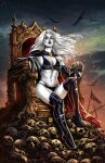  1girl absurdres bird black_boots black_bra black_cape black_gloves black_lips black_panties blank_eyes boots bra breasts cape cleavage colored_skin crow elbow_gloves embers gloves grey_sky highres holding holding_skull knee_boots lady_death lady_death_(character) long_hair looking_at_viewer medium_breasts mike_krome outdoors panties partially_fingerless_gloves red_cape sitting sitting_on_throne skull sky solo throne two-sided_cape two-sided_fabric underwear white_hair white_skin 