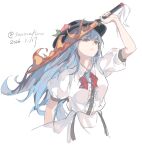  1girl absurdres arm_up artist_name black_hat blue_hair center_frills collared_shirt cropped_torso dated frills grey_background hashtag-only_commentary hat hat_ornament head_back highres hinanawi_tenshi holding holding_sword holding_weapon leaf_hat_ornament long_hair looking_up momoverflow neck_ribbon peach_hat_ornament puffy_short_sleeves puffy_sleeves red_eyes red_ribbon ribbon shirt short_sleeves simple_background sleeve_cuffs solo sword sword_of_hisou touhou weapon white_shirt 