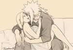  1boy 1girl breasts commentary couple cuddling english_commentary highres jiraiya_(naruto) kiss large_breasts lingerie long_hair mature_female mature_male naruto_(series) ponytail spiked_hair tsunade_(naruto) tsunahime99 underwear white_hair 