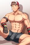  1boy abs absurdres armband backwards_hat bandaid bandaid_on_cheek bandaid_on_face bara baseball_cap beom_liben black_gloves black_male_underwear bracelet brown_eyes brown_hair bulge commentary_request commission covered_penis covered_testicles fingerless_gloves gloves hat highres jewelry knee_up large_pectorals male_focus male_underwear muscular muscular_male navel nipples notice original parted_lips pectoral_cleavage pectorals short_hair simple_background sitting solo spiked_bracelet spikes spread_legs topless_male underwear yuuki_(club-z) 