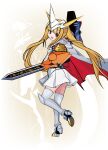 1girl absurdres arm_blade arm_cannon blonde_hair cosplay digimoji digimon digimon_story:_time_stranger dress full_body highres horns omegamon omegamon_(cosplay) solo_focus tai_(cheungsk1213) thighhighs twintails weapon white_dress white_thighhighs yggdrasill_(digimon) 