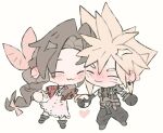  1boy 1girl :3 aerith_gainsborough armor baggy_pants belt black_gloves blonde_hair blush boots bow braid braided_ponytail brown_belt brown_boots brown_hair cheek-to-cheek chibi chibi_only choker closed_eyes cloud_strife commentary couple cropped_jacket dress english_commentary final_fantasy final_fantasy_vii final_fantasy_vii_remake gloves gold_bangle grey_pants grey_shirt hair_between_eyes hair_bow hair_ribbon heads_together hetero holding_hands jacket long_hair mmmckayyy pants parted_bangs pauldrons pink_bow pink_dress pink_ribbon red_jacket ribbed_shirt ribbon shirt short_hair shoulder_armor sidelocks single_braid single_pauldron sleeveless sleeveless_turtleneck spiked_hair suspenders turtleneck white_background 