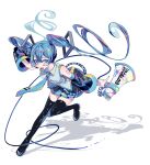  1girl arm_tattoo black_boots black_skirt blue_eyes boots breasts cable collared_shirt detached_sleeves floating_hair grey_shirt hashtag-only_commentary hatsune_miku hawikara headphones headset highres holding holding_megaphone long_hair looking_at_viewer megaphone miniskirt necktie open_mouth pleated_skirt shadow shirt simple_background skirt sleeveless sleeveless_shirt small_breasts smile solo tattoo thigh_boots twintails very_long_hair vocaloid white_background 