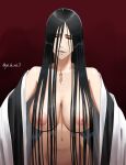  1girl black_eyes black_hair bleach breasts breasts_apart collarbone commentary haori highres japanese_clothes large_breasts light_smile long_hair navel nipples scar scar_on_sternum solo taichou_haori unohana_retsu upper_body very_long_hair white_haori yoshino_(laencl) 