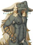 abs anthro armpit_hair body_hair ear_piercing genitals hair hi_res long_hair male muscular nintendo nipple_piercing nipples penis penis_base piercing pubes raised_arm rauru_(tears_of_the_kingdom) simple_background snowdoeer solo tears_of_the_kingdom the_legend_of_zelda white_background wide_hips zonai