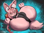 anthro blush braided_hair camel_toe clothing ear_piercing female fur hair hi_res lagomorph legs_up leporid looking_at_viewer mammal piercing pink_body pink_fur pink_hair rabbit red_eyes simple_background solo tail teknomekanoid thiren underwear zhao_(zenless_zone_zero)