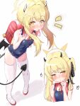  1girl absurdres backpack bag bare_shoulders black_horns black_ribbon black_tail black_wings blonde_hair blue_archive blue_one-piece_swimsuit blush breasts closed_mouth condom covered_navel demon_girl demon_horns demon_tail demon_wings full_body hair_ribbon halo heart heart-shaped_pupils highres horns ibuki_(blue_archive) long_hair looking_at_viewer low_wings mouth_hold multiple_views neck_ribbon nose_blush notice_lines one-piece_swimsuit otintinsukidesu pussy_juice randoseru red_ribbon ribbon school_swimsuit shoes side_ponytail simple_background small_breasts standing swimsuit symbol-shaped_pupils tail thighhighs used_condom uwabaki white_background white_thighhighs wings yellow_eyes yellow_halo 