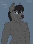  anthro black_body black_hair black_nose blue_eyes canid canine canis clothed clothing hair hi_res hirurux looking_at_viewer male mammal muscular muscular_anthro muscular_male solo topless topless_male waist_up wolf 