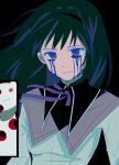  1girl akemi_homura black_hair blood bloody_tears blue_blood dress floating_hair goyang_v hairband kyubey looking_at_viewer mahou_shoujo_madoka_magica neck_ribbon purple_eyes ribbon sailor_dress teardrop tearing_up tears 