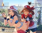  1boy 2girls ariekochan bike_shorts black_shorts blue_shirt bra breasts brown_eyes brown_hair bush chain-link_fence closed_mouth clothes_pull collared_shirt commentary day english_commentary faceless faceless_male fence gloves highres imminent_spanking large_breasts leaf_(pokemon) leaning_forward looking_at_another may_(pokemon) multiple_girls open_mouth outdoors panties pants pants_pull pidgey pokemon pokemon_rgby pokemon_rse red_pants red_shirt shirt short_sleeves shorts smile standing underwear white_bra white_gloves white_panties yuri 