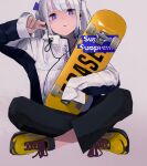  1girl :o air_kon bangs black_pants blue_eyes coat crossed_legs earphones grey_background hair_ribbon highres holding holding_skateboard long_hair long_sleeves open_mouth original pants ribbon shoes sidelocks simple_background skateboard sneakers solo supreme twintails white_hair yellow_footwear 