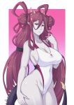 1girl absurdres breasts cleavage colored_skin competition_swimsuit hand_on_hip highres large_breasts long_hair looking_at_viewer mole mole_under_mouth monster_hunter:_world monster_hunter_(series) one-piece_swimsuit personification purple_skin red_eyes red_hair solo swimsuit tail vaal_hazak very_long_hair yamanata 
