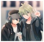  2boys amami_rantarou backpack bag bangs black_bag black_gloves black_headwear black_jacket black_shirt blurry blurry_background border brown_eyes cheer_(cheerkitty14) danganronpa_(series) danganronpa_v3:_killing_harmony fingerless_gloves gloves green_eyes grey_jacket hand_up hat holding hood hood_down hooded_jacket jacket jewelry long_sleeves male_focus multiple_boys necklace ring saihara_shuuichi shirt short_hair smile ticket v white_border white_shirt 