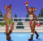 absurd_res anthro antlers bambi bambi_(film) belt boxing boxing_gloves clothing costume dcheese deer digital_media_(artwork) disney duo evergreen_tree fighting_ring fur_lined_clothing glowing glowing_nose handwear hi_res horn male mammal new_world_deer pine_tree plant raised_arm reindeer rudolph_the_red-nosed_reindeer rudolph_the_red-nosed_reindeer_(tv_special) santa_costume solo sport tree