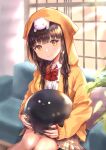  1girl animal_ears animal_hood animal_on_head asakura_karen_(heaven_burns_red) backlighting black_hair blunt_bangs bow bowtie brown_skirt cat cat_ears cat_hood cat_on_head closed_mouth collared_shirt commentary couch cowboy_shot creature day eringi_mejiro eyelashes fake_animal_ears hair_bobbles hair_ornament heaven_burns_red highres holding holding_creature hood hood_up hoodie indoors long_hair looking_at_viewer low_twintails miniskirt on_couch on_head open_clothes open_hoodie orange_hoodie plaid_clothes plaid_skirt red_bow red_bowtie shirt sitting skirt sleeves_past_wrists slime_(creature) smile solo twintails white_shirt window yellow_eyes 