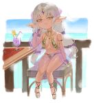  1girl bikini blue_sky blush breasts circle commentary_request dark-skinned_female dark_skin drink gold_bikini granblue_fantasy green_eyes grey_hair harvin highres horizon long_hair looking_at_viewer luvera meshiya ocean pointy_ears sitting sky small_breasts smile solo sunlight swimsuit 