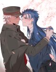  2boys archer_(fate) blue_hair blush brown_eyes cape cherry_blossoms cu_chulainn_(caster)_(fate) cu_chulainn_(fate)_(all) dark_skin dark_skinned_male gloves hat japanese_clothes long_hair male_focus military military_uniform multiple_boys namahamu_(hmhm_81) peaked_cap petals playing_with_another&#039;s_hair red_eyes shako_cap shouwa uniform white_gloves white_hair yaoi 