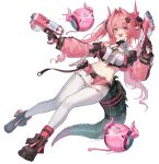  1girl absurdres arknights arknights:_endfield black_boots black_gloves black_shoes black_tail blue_hair boots commentary dragon_girl dragon_horns dragon_tail fang full_body gloves gun handgun highres holding holding_gun holding_weapon horns kokukyukeo long_hair looking_at_viewer midriff multicolored_gloves multicolored_hair navel open_mouth pants pink_gloves pink_hair pink_horns pink_socks pointy_ears shoes simple_background single_sock smile socks solo stomach symbol-shaped_pupils tail thick_eyebrows twintails two-tone_gloves weapon white_background white_pants yvonne_(arknights) 