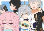  1girl 3boys alt_text animal black_gloves black_hair blue_background border bubbles_(honkai:_star_rail) caelus_(honkai:_star_rail) cake_cat_(honkai:_star_rail) commentary_request dan_heng_(honkai:_star_rail) dan_heng_(hunt)_(honkai:_star_rail) fingerless_gloves gloves grey_hair halo head_wings highres holding holding_animal honkai:_star_rail honkai_(series) march_7th_(honkai:_star_rail) mori5uzu multicolored_eyes multiple_boys open_mouth pink_hair polka_dot polka_dot_background short_hair sunday_(honkai:_star_rail) trailblazer_(honkai:_star_rail) two-tone_eyes v white_border white_wings wings yellow_eyes 