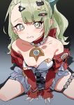  1girl absurdres astra_yao astra_yao_(cosplay) atta_(atta_1129) breasts clenched_teeth cosplay dress from_above green_eyes green_hair highres jewelry long_hair long_sleeves necklace nipples pearl_necklace sleeves_past_fingers sleeves_past_wrists small_breasts solo sunna_(zenless_zone_zero) tearing_up teeth v_arms white_dress zenless_zone_zero 