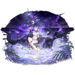  1girl absurdres arknights bare_legs bare_shoulders beach bikini black_coat breasts coat dragon_girl dragon_horns dragon_tail flower full_body hair_ornament high_heels highres holding holding_staff horns jewelry large_breasts long_hair looking_at_viewer multiple_horns navel necrass_(arknights) necrass_(summer_flowers)_(arknights) night ocean off_shoulder official_alternate_costume official_art open_clothes open_coat outdoors rock sandals see-through_clothes sitting sky solo staff star_(sky) starry_sky starshadowmagician swimsuit tail thigh_strap thighlet thighs third-party_source transparent_background very_long_hair water white_bikini white_flower white_hair white_sandals 