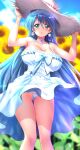 1girl :o ass_visible_through_thighs blue_eyes blue_hair blush breasts cameltoe choker commentary_request dress earrings empire_waist feet_out_of_frame field flower flower_field frilled_dress frills hand_on_headwear hat highres holding_down_headwear huge_breasts jewelry kamogawa_tanuki long_hair looking_at_viewer medium_dress open_mouth original outdoors paid_reward_available panties pantyshot ribbon_choker sleeveless sleeveless_dress solo sphere_earrings straw_hat sun_hat sundress sunflower sunflower_field sunlight thong underwear upskirt very_long_hair white_choker white_dress white_panties wispy_bangs 