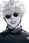  1boy glasses gojou_satoru greyscale highres jujutsu_kaisen jujutsu_tech_uniform kmskc_f looking_at_viewer male_focus monochrome portrait round_eyewear short_hair simple_background solo teeth white_background 