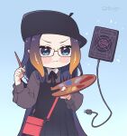  1girl bag black_hair black_headwear black_neckwear blue_eyes bow bowtie cable floating floating_book floating_object glasses gradient gradient_background holding holding_brush hololive hololive_english kukie-nyan long_sleeves ninomae_ina&#039;nis red_bag shoulder_bag solo 