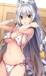 1girl animal_ear_fluff animal_ears bare_shoulders bikini bracelet breasts cat_ears cat_girl cat_tail commentary_request eyes_visible_through_hair floral_print floral_print_bikini green_eyes grey_hair groin hair_between_eyes hands_up holding holding_unworn_clothes indoors jewelry large_breasts light_blush long_hair looking_at_viewer navel official_art open_mouth oryo_(oryo04) print_bikini reina_(watashitachi_to_issho_nara_sekai_saikyou_ikechaimasu_yo?) side-tie_bikini_bottom sideboob solo standing stomach swimsuit tail tail_ornament tail_raised thighs underboob undressing untied_bikini_top watashitachi_to_issho_nara_sekai_saikyou_ikechaimasu_yo? white_bikini 