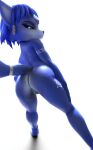 anthro blue_body blue_fur butt canid canine female fox fur hi_res krystal_(cumminham) krystal_(star_fox) looking_at_viewer looking_back mammal markings nintendo presenting presenting_hindquarters raised_tail seductive solo star_fox tail white_body white_fur zerrymon