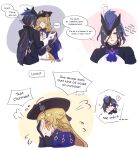  2girls ascot black_corset black_flower black_hat blonde_hair blue_eyes blue_hair blush clorinde_(genshin_impact) closed_eyes closed_mouth commentary corset covering_face dress drill_hair drill_sidelocks earrings electro_symbol_(genshin_impact) english_commentary english_text epaulettes flower fold-over_gloves from_side gem genshin_impact hair_between_eyes hat hat_feather hat_flower hat_over_one_eye highres jewelry kaiyamon lace-trimmed_collar lace_trim long_hair long_hair_between_eyes low-tied_long_hair multiple_girls navia_(genshin_impact) purple_ascot purple_eyes shirt sidelocks simple_background speech_bubble strapless strapless_dress taut_clothes taut_shirt tricorne vision_(genshin_impact) white_background 