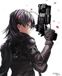  1girl b3_wingman_elite black_hair black_scarf english_commentary from_behind gun hair_behind_ear hair_ornament highres holding holding_gun holding_weapon kotone_a personification pilot_suit red_eyes revolver scarf smile solo titanfall_(series) titanfall_2 weapon 