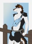 anthro bag canid canine casual_nudity clothed clothing forwarduntoporn hi_res jockstrap jockstrap_only leaning leaning_backward leaning_on_object male mammal mullet outdoor_nudity outside slipstreamtease smile solo topless underwear underwear_only