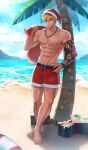  1boy abs arm_tattoo bag barefoot beach beard_stubble belt belt_buckle black_belt black_hair blonde_hair blue_eyes buckle carrying christmas_lights christmas_present clenched_teeth cloud earrings facial_hair fish_hook fur-trimmed_headwear fur-trimmed_shorts fur_trim gift grin hand_on_own_hip hand_up hat highres holding holding_bag indie_virtual_youtuber jewelry konatide large_pectorals leaning_on_object looking_at_viewer male_focus multicolored_hair muscular muscular_male navel necklace nipples outdoors palm_tree pangpang_0327 parted_lips pectorals red_shorts santa_hat seaside short_hair shorts shoulder_carry sky smile solo stubble stud_earrings sunlight tattoo teeth topless_male tree two-tone_hair virtual_youtuber 