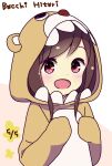  1girl :d animal_costume animal_hood bangs bear_costume bear_hood blush brown_hair character_name commentary_request dated disconnected_mouth dot_nose hands_up happy highres hitori_bocchi hitoribocchi_no_marumaru_seikatsu hood hood_up katsuwo_(cr66g) long_hair looking_at_viewer open_mouth pink_background red_eyes smile solo two-tone_background white_background 