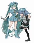  2girls black_skirt blue_boots blue_eyes blue_hair blue_shirt blue_skirt boots chinese_commentary cosplay costume_switch detached_sleeves food gloves green_eyes green_hair green_necktie grey_shirt hatsune_miku highres holding holding_food holding_spring_onion holding_vegetable holding_wrench iwakoo jewelry kawashiro_nitori key key_necklace looking_at_viewer miniskirt multiple_girls necklace necktie shirt skirt smile spring_onion touhou twintails two_side_up vegetable vocaloid white_gloves wrench 