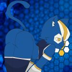 anthro armor ass_up blue_body blue_fur butt clothing crop_top domestic_cat e621 felid feline felis fur gauntlets gloves handwear hexerade hi_res legwear male male/male mammal mascot raganlier raised_tail shirt solo tail topwear yellow_eyes