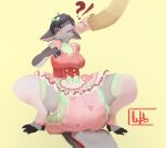 2019 4_fingers 4_toes accessory ambiguous_gender animate_inanimate anthro artist_logo baby_bottle beverage big_diaper black_claws black_hair black_sclera black_toe_claws bodily_fluids bow_accessory bow_ribbon bow_tie breasts button_(fastener) claws clean_diaper clothed clothing container cryo_lithius diaper dress drinking drooling duo feet female female_symbol fingerless_(marking) fingers fur gender_symbol gender_transformation green_bow grey_body grey_fur grey_tail hair hair_accessory hair_bow hair_ribbon holding_beverage holding_container holding_object interrobang karen_(wob) leg_warmers legwear living_plushie logo male_symbol mostly_offscreen_character multicolored_body multicolored_clothing multicolored_dress multicolored_fur multicolored_tail pink_bow pink_leg_warmers plushie red_body red_fur red_tail ribbons saliva seam_(sewing) sergal simple_background sitting sitting_on_diaper symbol tail toe_claws toeless_(marking) toes transformation wearing_diaper wob yellow_background yellow_body