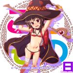  1girl backpack bag bandaged_leg bandages bikini black_hair body_blush breasts choker chuunibyou highres kodomo_no_hi kono_subarashii_sekai_ni_shukufuku_wo! looking_at_viewer megumin micro_bikini navel randoseru red_bikini red_eyes short_hair small_breasts solo soutou staff standing swimsuit wavy_mouth 