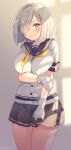  1girl blue_eyes blue_sailor_collar blush buttons cowboy_shot gloves grey_skirt hair_over_one_eye hamakaze_(kancolle) highres kantai_collection neckerchief parted_lips pleated_skirt saiki_yuzuri sailor_collar school_uniform serafuku short_hair short_sleeves silver_hair skirt solo white_gloves yellow_neckwear 