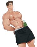  1boy abs arms_behind_back bara beer_bottle biceps black_eyes black_shorts broad_shoulders brown_hair commentary cowboy_shot foam groin highres huge_pectorals light_blush light_smile looking_at_viewer male_focus male_underwear male_underwear_peek muscular muscular_arms muscular_male naoki_(xhju8282) navel nipples original shiny_skin shorts simple_background solo thick_eyebrows thick_thighs thighs topless_male underwear untranslatable_commentary waistband white_background 